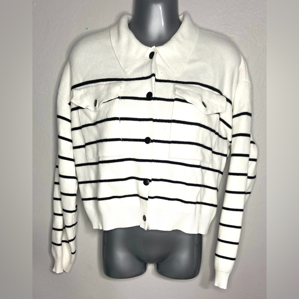 White and Black Striped Cardigan Sweater